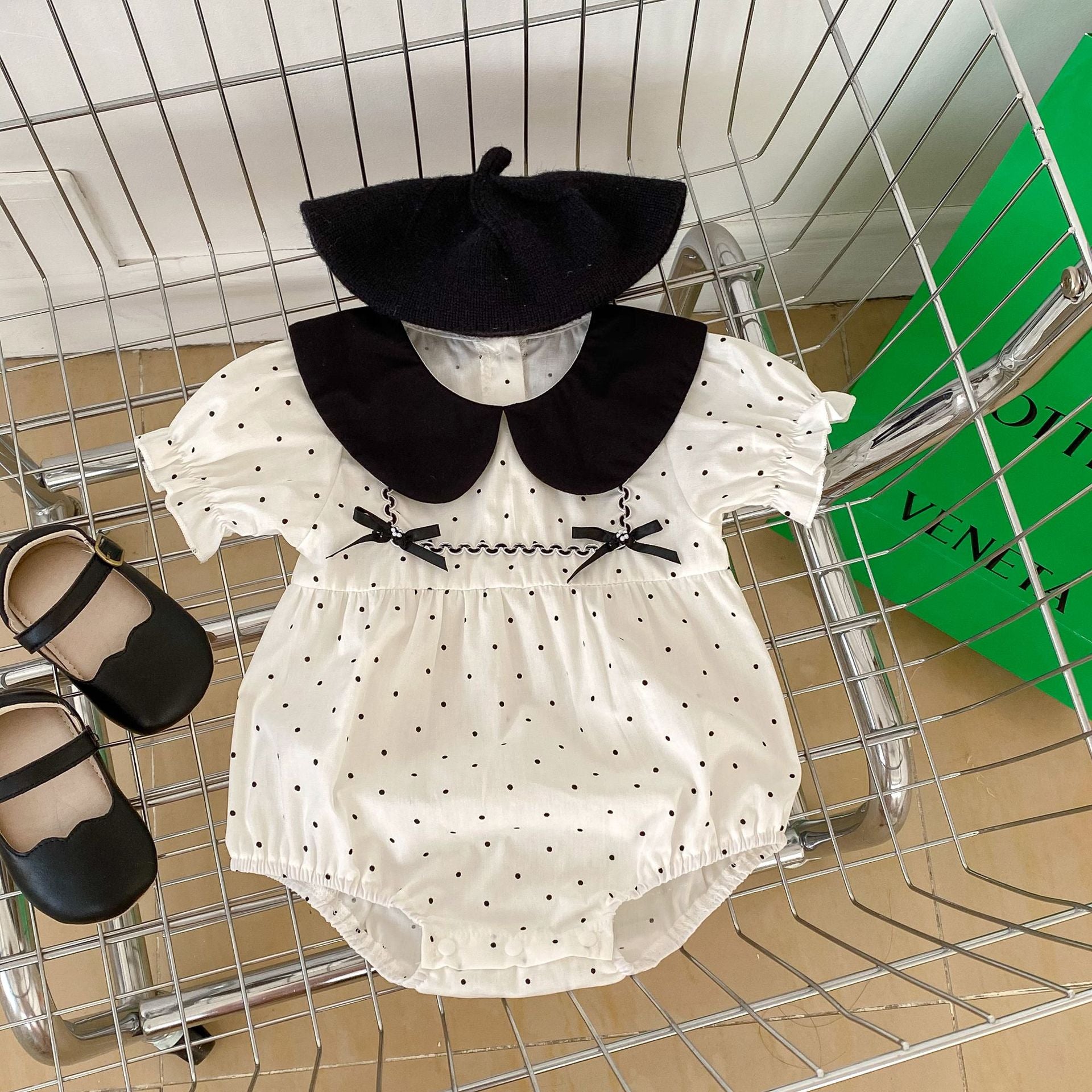 Ins2024 Baby summer wear baby girl dot bow short sleeved doll collar onesie jumpsuit lbc