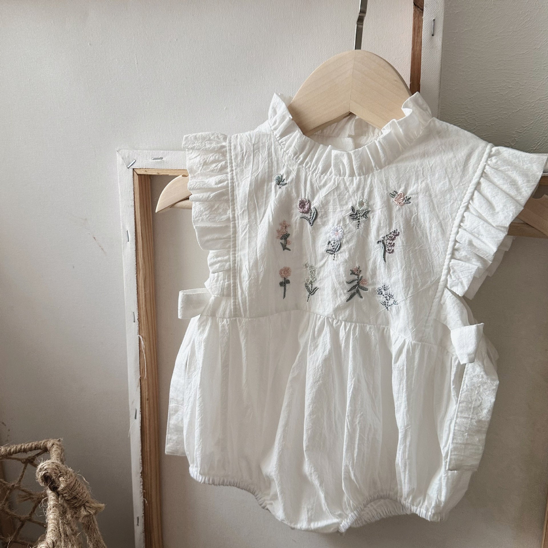 Ins Summer Infant embroidery floral side waist bow romper baby girl short-sleeved rompers