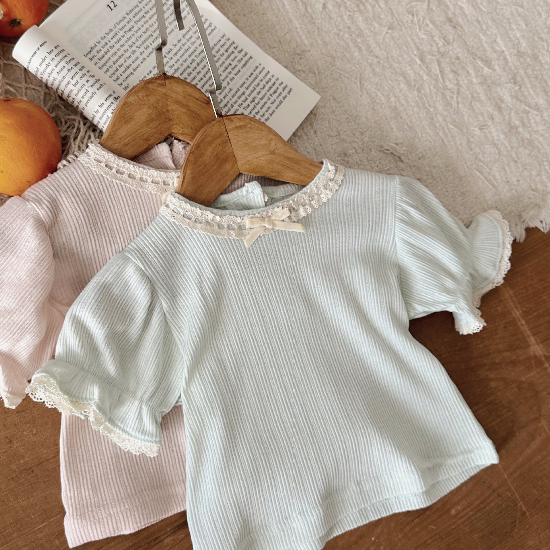 Ins Summer Infant sunken stripe bow lace collar short sleeve bottoming shirt baby girl sweet princess top