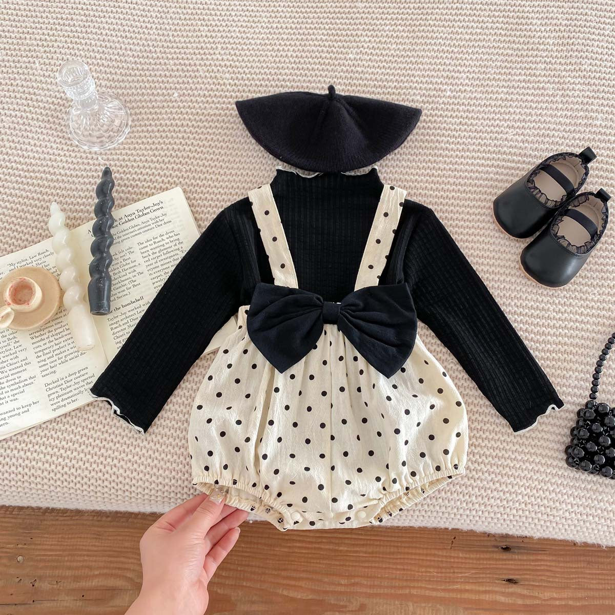 Ins Spring and autumn baby girl Big Bow polka dot baby bodysuit suspender romper solid color long sleeve undershirt set