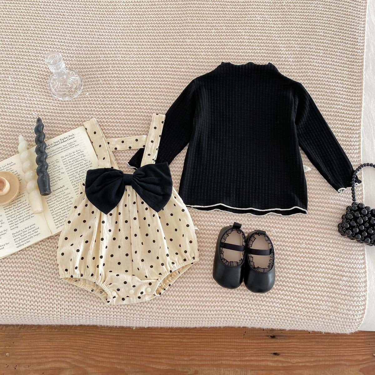 Ins Spring and autumn baby girl Big Bow polka dot baby bodysuit suspender romper solid color long sleeve undershirt set