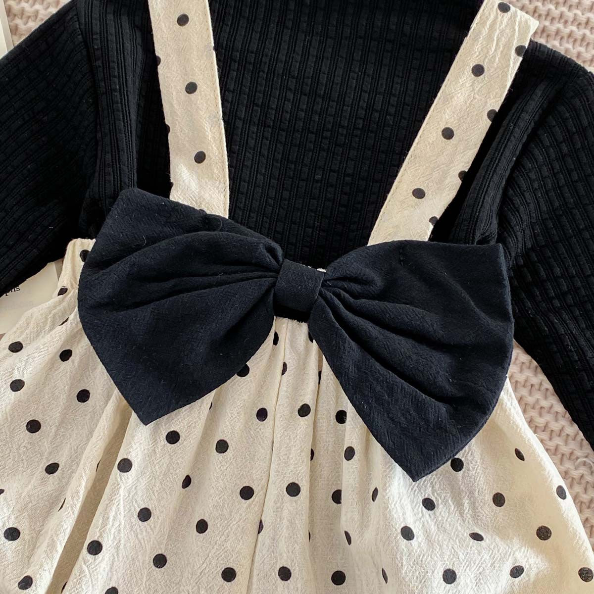 Ins Spring and autumn baby girl Big Bow polka dot baby bodysuit suspender romper solid color long sleeve undershirt set