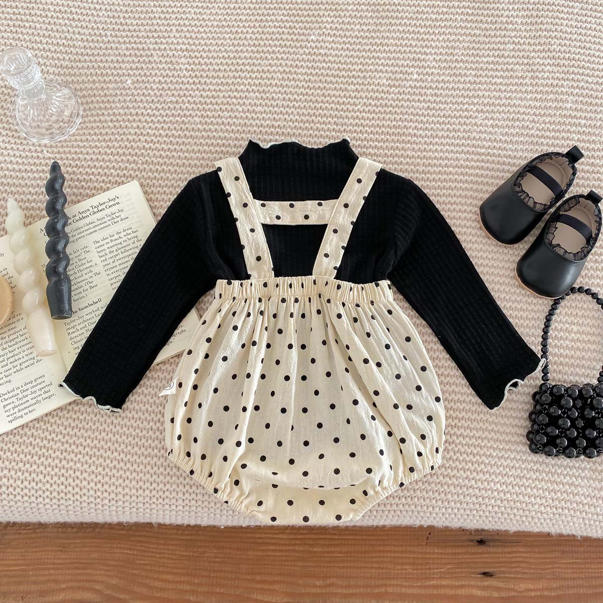 Ins Spring and autumn baby girl Big Bow polka dot baby bodysuit suspender romper solid color long sleeve undershirt set