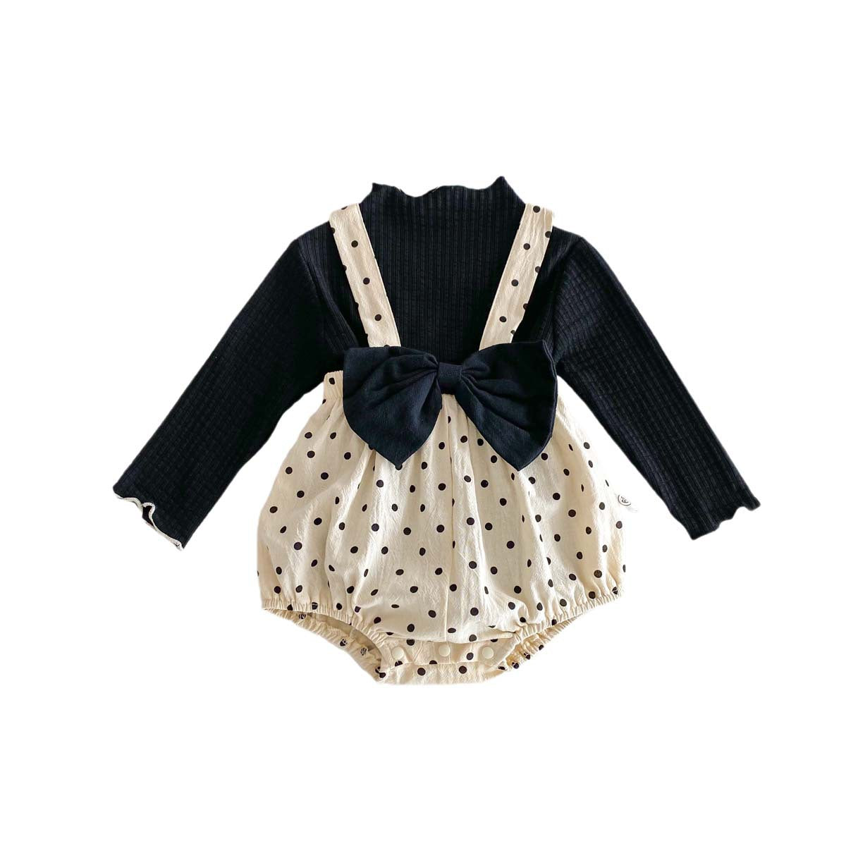 Ins Spring and autumn baby girl Big Bow polka dot baby bodysuit suspender romper solid color long sleeve undershirt set