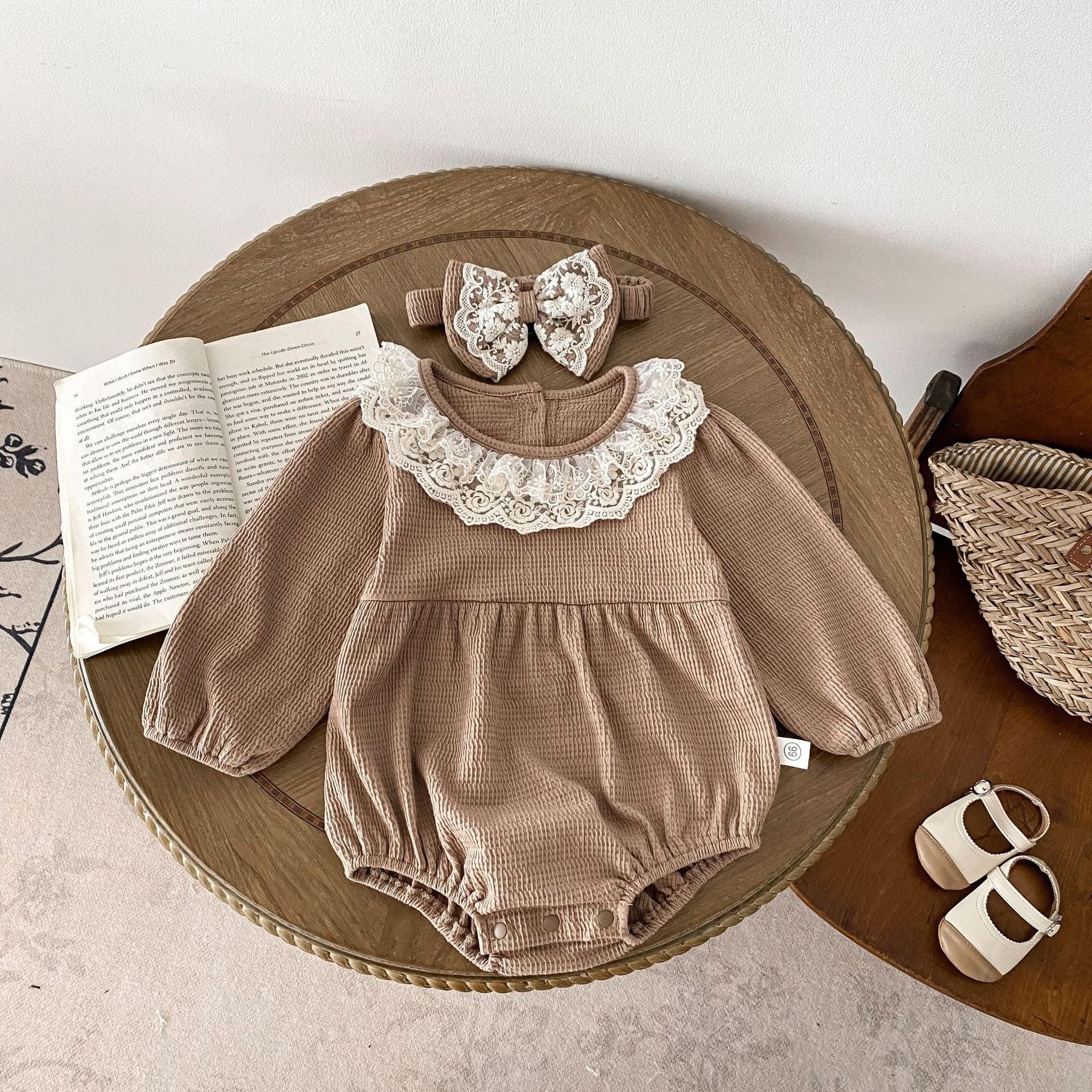 Baby autumn clothing baby girl long sleeve bottom-covering rompers Ins Style newborn waffle lace collar jumpsuit