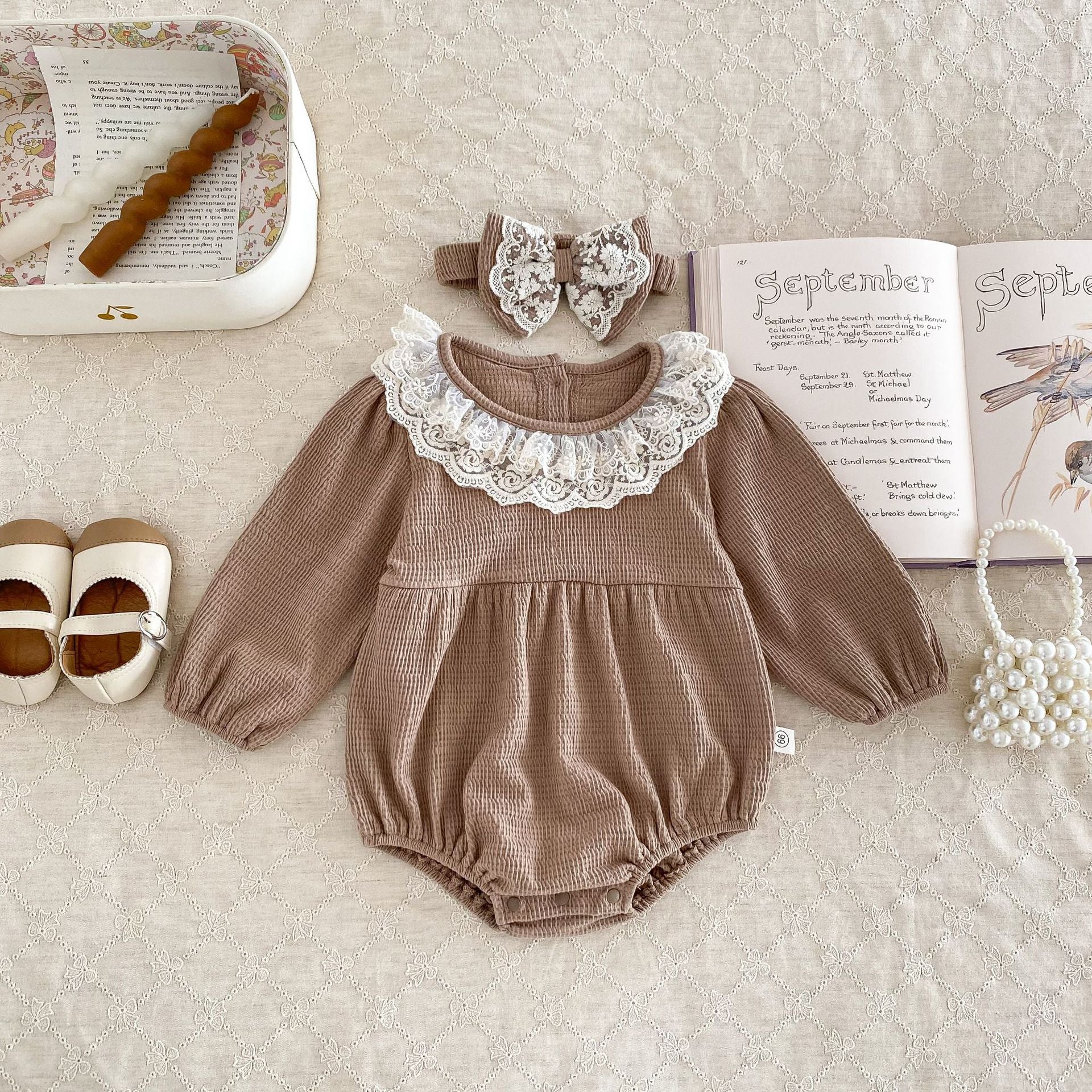 Baby autumn clothing baby girl long sleeve bottom-covering rompers Ins Style newborn waffle lace collar jumpsuit