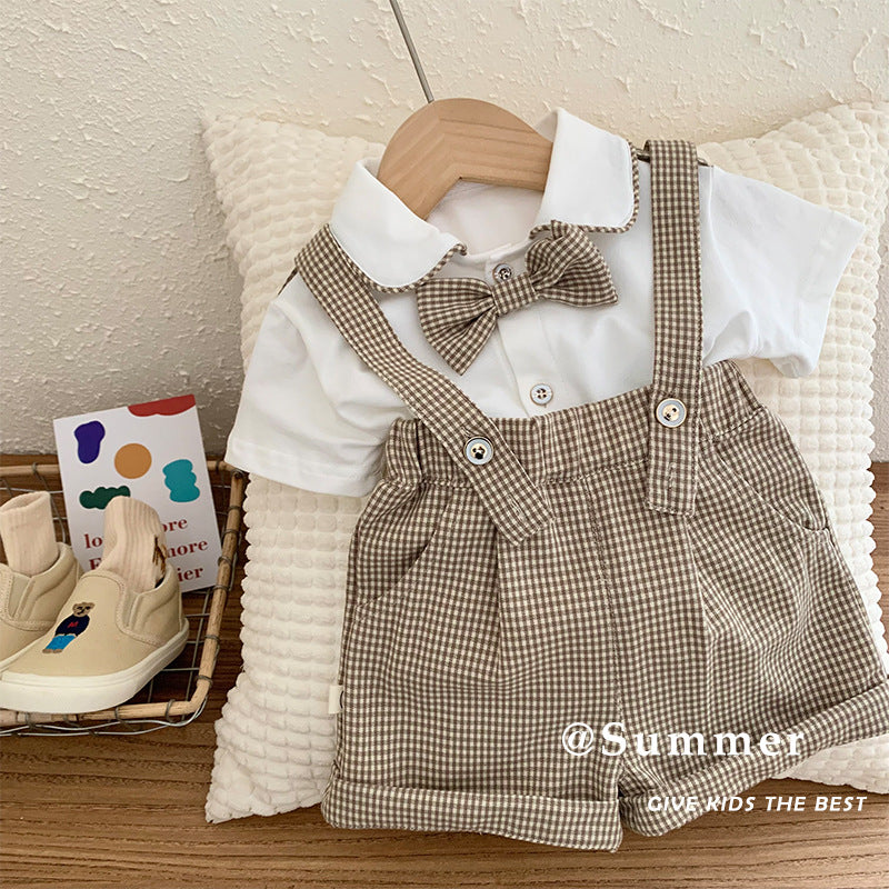 Summer baby boy clothing set new stylish fashion bowknot plaid shirt boy literary top soft cotton baby boys suits