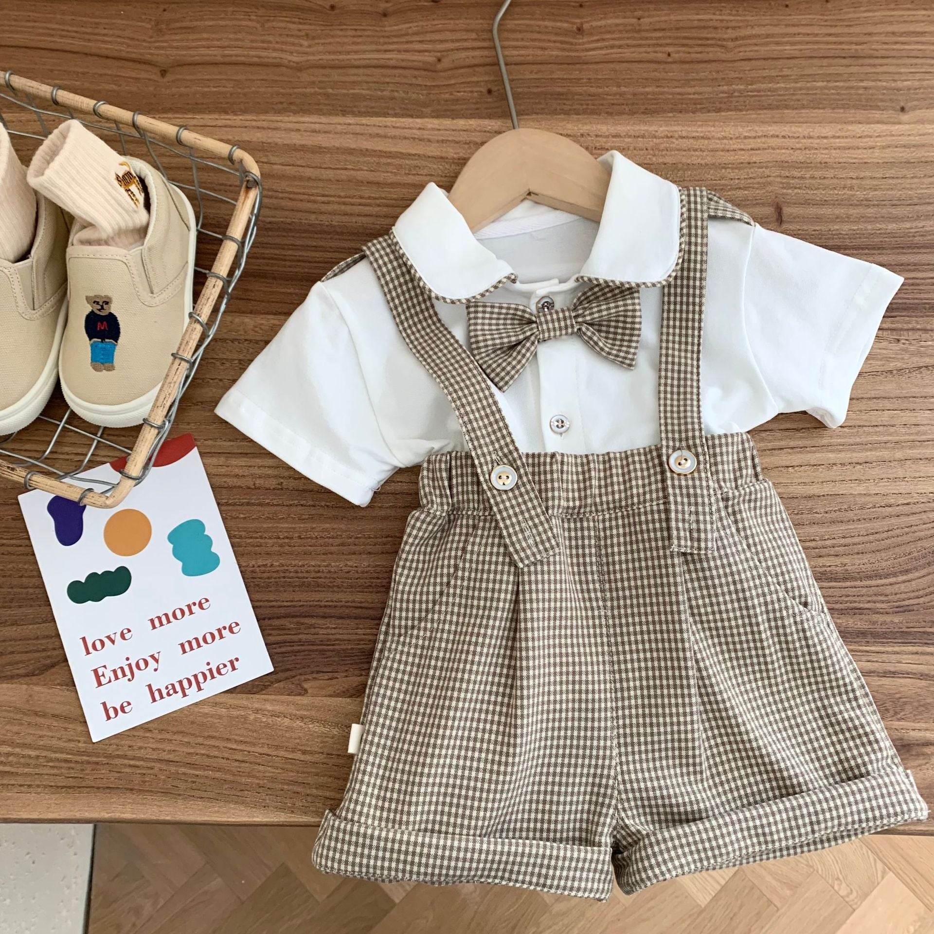 Summer baby boy clothing set new stylish fashion bowknot plaid shirt boy literary top soft cotton baby boys suits