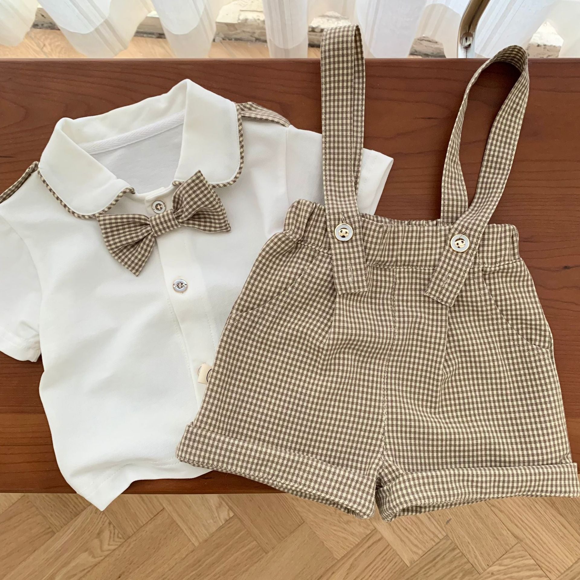 Summer baby boy clothing set new stylish fashion bowknot plaid shirt boy literary top soft cotton baby boys suits